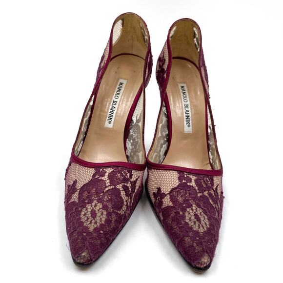 Manolo Blahnik Lace‎ Pumps Burgundy Red Floral Pointed Toe Sheer Sz 37 / 7 - Picture 4 of 10